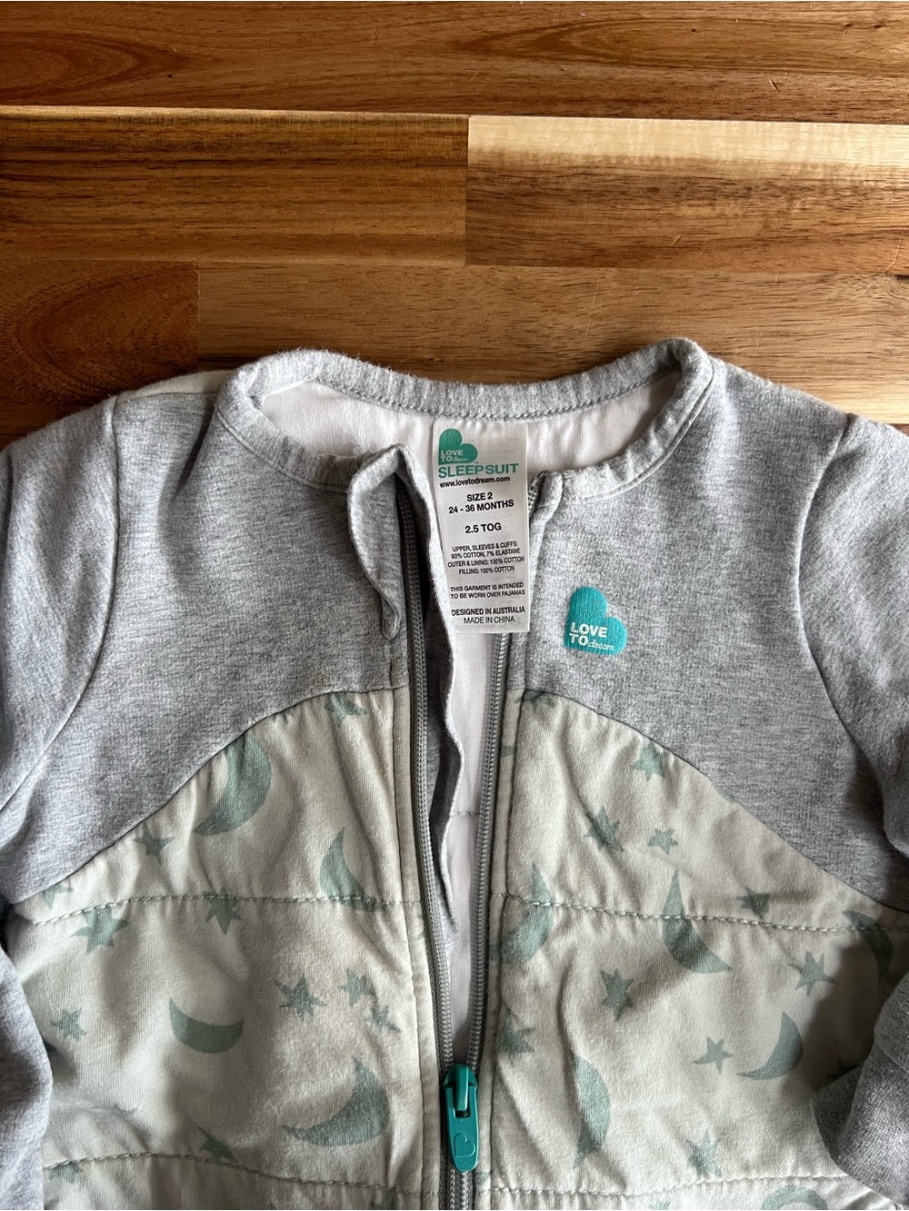 Love to dream Grey & Mint Star Moon Zip Sleepsuit